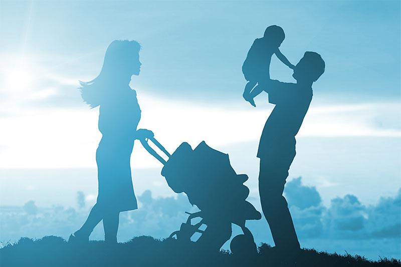 Graphic drawing of a family with a stroller.